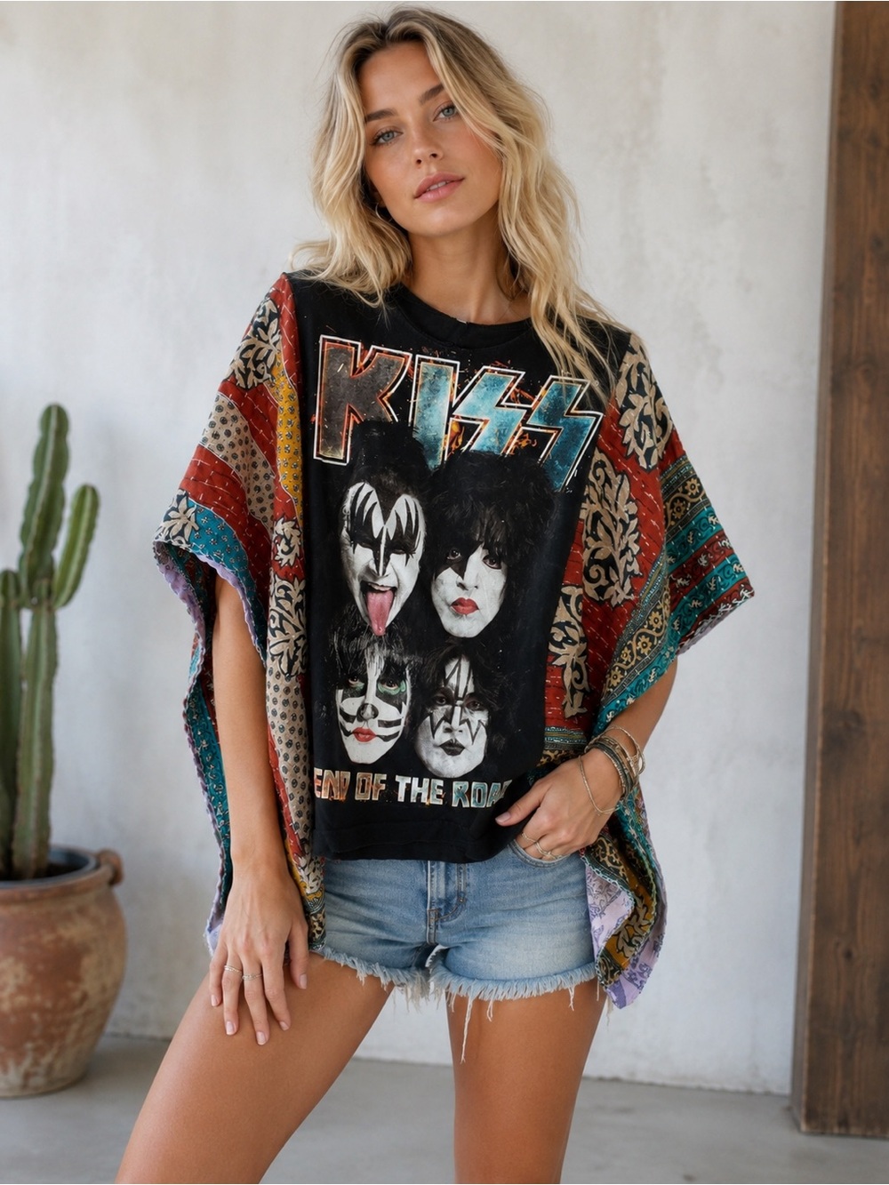 Upcycled KISS Tee with Multicolor Patchwork Kimono